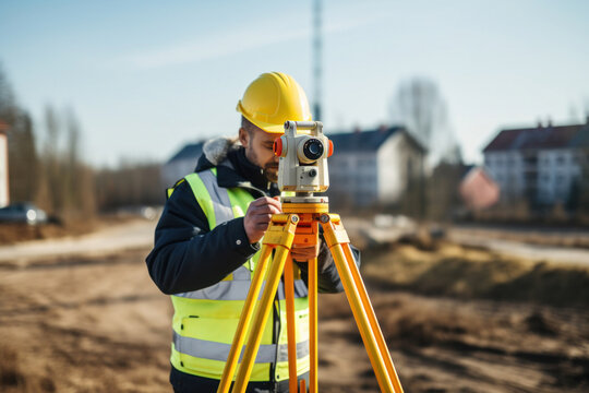 A surveyor builder engineer with theodolite transit equipment at construction site outdoors during surveying work.