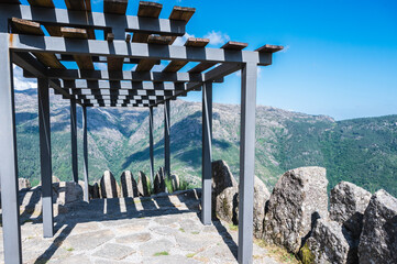 The viewpoint of Junceda, at an altitude of 915 meters, where entire valley of the Geres river can be seen, mountains on the background - obrazy, fototapety, plakaty