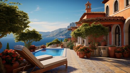A Mediterranean villa with terracotta tiles overlooking a serene sea.