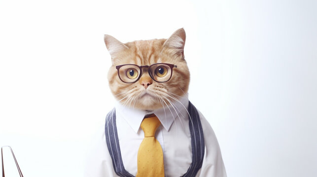 Intelligent cat boy in tie student or teacher. funny fat cat wearing teacher uniforms. generative ai