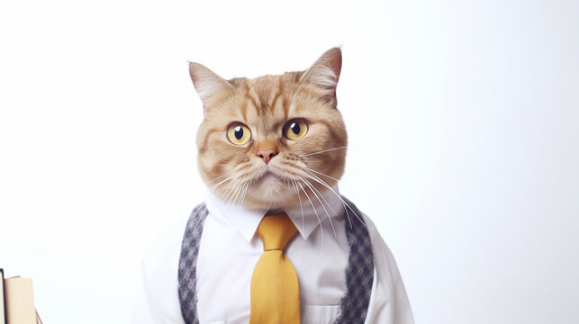 Intelligent cat boy in tie student or teacher. funny fat cat wearing teacher uniforms. generative ai