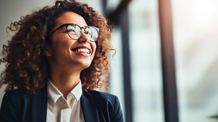 Cheerful professional business woman, happy laughing female office worker wearing glasses looking away at copy space advertising job opportunities or good business services. - obrazy, fototapety, plakaty