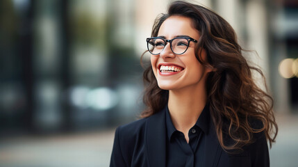 Cheerful professional business woman, happy laughing female office worker wearing glasses looking away at copy space advertising job opportunities or good business services. - obrazy, fototapety, plakaty