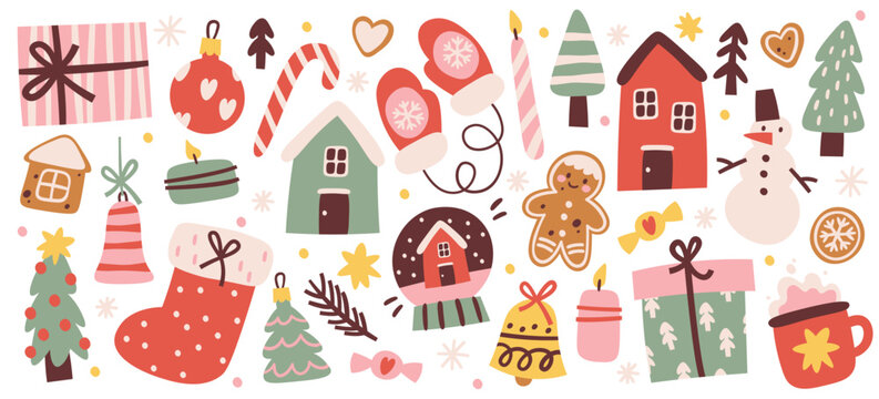 Winter holidays Christmas and New Year decorative doddle elements and symbol set vector illustration