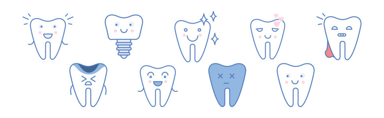 Cute Line Tooth Icon with Face and Smile Vector Set