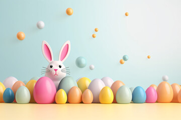Easter Bunny and Eggs in pastel colors with copy space, 3D AI Generated