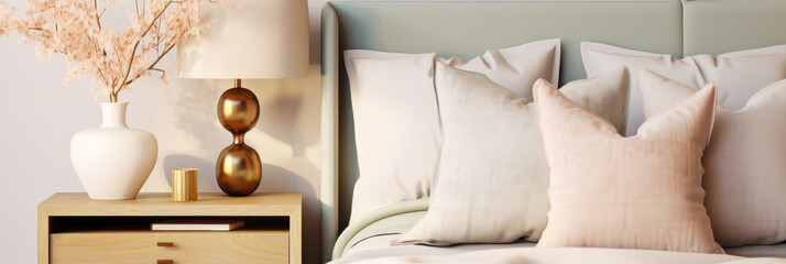 Bedroom interior with accent bedside cabinet near the bed with pastel bedding.