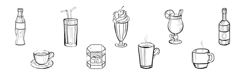 Different Drink and Beverage Hand Drawn Sketch Vector Set.