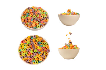 Colorful rings cereal spill out into a bowl. Breakfast. Isolated.