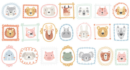 Cute animal faces funny character in hand drawn portrait frames isolated set vector illustration