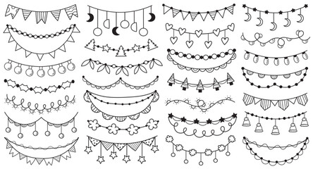 Different handdrawn doodle garland for birthday, baby shower, winter holiday set vector illustration
