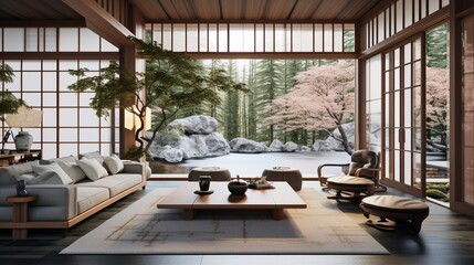 Styl japandi: Salon z wysokim sufitem dużym oknem w nowoczesnym luksusowym stylu - obrazy, fototapety, plakaty