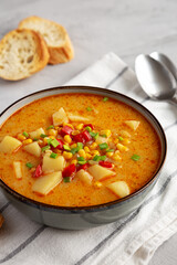 Homemade Corn Chowder in a Bowl, side view. Close-up.