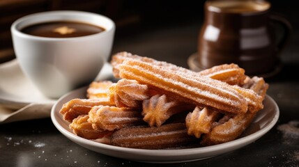 A tantalizing plate of crispy, golden-brown churros heavily dusted with sugar, accompanied by two steaming mugs of rich hot chocolate.