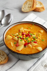 Homemade Corn Chowder in a Bowl, side view. Close-up.