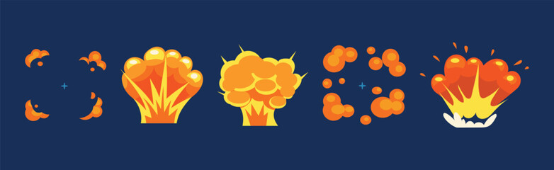 Bright Orange Dynamite or Bomb Explosion with Puff Effect Vector Set