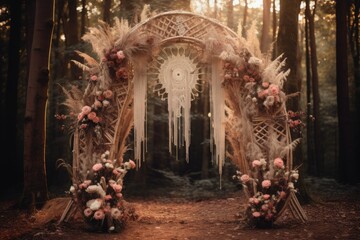 forest boho wedding arch decoration for a wedding ceremony celebration: green plants and bright red flowers.