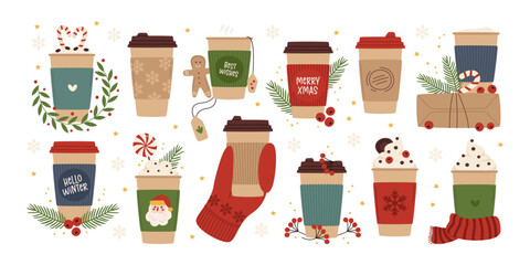 Festive Christmas takeaway paper coffee cups with hot aroma winter drinks vector illustration