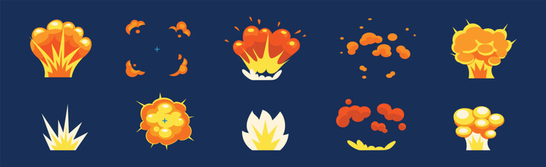 Bright Orange Dynamite or Bomb Explosion with Puff Effect Vector Set