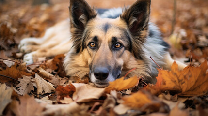 Happy dog of welsh corgi pembroke breed among fallen leaves in autumn. generative ai