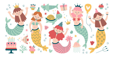 Cute pretty girlish mermaid birthday character swimming, inviting waving hands, gesturing hello