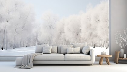 white sofa in a room of a luxurious modern house with winter background
