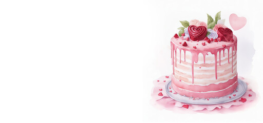 watercolor illustration, romantic desserts and sweets, valentines day, wedding cake decorated with hearts, berries and flowers, banner, place for text