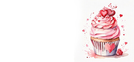 watercolor illustration, valentines day, romantic desserts and sweets, cupcake decorated with hearts and flowers, banner, place for text