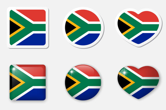 Flag of South Africa icons collection. Flat stickers and 3d realistic glass vector elements on white background with shadow underneath.