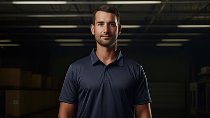 the professionalism and confidence of a clean-cut 30-year-old workman, on the individual wearing a navy golf shirt, standing with a sense of poise and readiness for the job at hand.