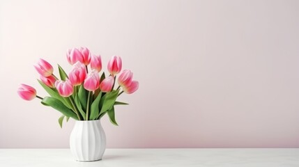 pink tulips on the table in a white vase.