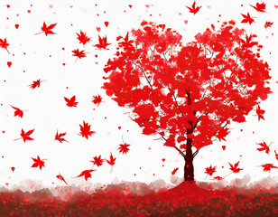 Valentine's day background with heart shaped tree and falling leaves - Generative AI