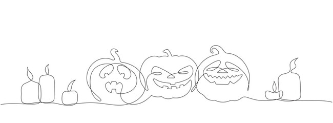 One line graphic vector set of pumpkins and candles for Halloween