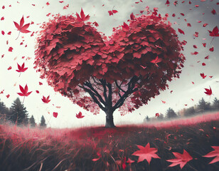 Valentines day background with heart shaped tree and falling red leaves - Generative AI