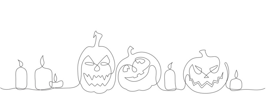 Graphic pumpkins and candles in one line in vector for the Halloween holiday