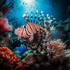Naklejka na ściany i meble A lionfish gracefully swims through a coral reef, its striking red and white stripes warning other fish of its venomous spines, skylight exposure, 