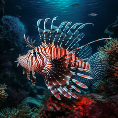 Naklejka na ściany i meble A lionfish gracefully swims through a coral reef, its striking red and white stripes warning other fish of its venomous spines, skylight exposure, 