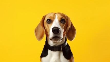 Beagle's close-up face on clean yellow backdrop.