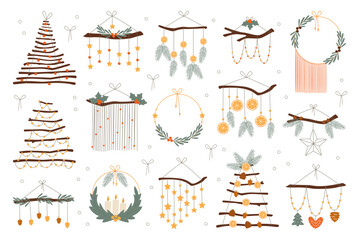 Handcraft Christmas hanging decorations dream catcher with natural ornaments set vector illustration - obrazy, fototapety, plakaty