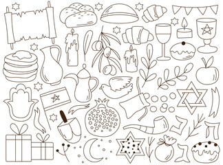 Happy Hanukkah traditional Jewish holiday doodle elements line style set vector illustration