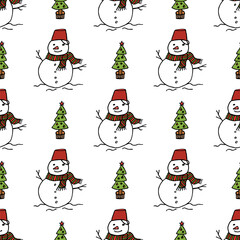 Seamless pattern with cute snowman and Christmas tree.
