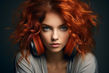 a red-haired girl with headphones enjoys music. listening to sounds, melodies, audiobooks in the headset.