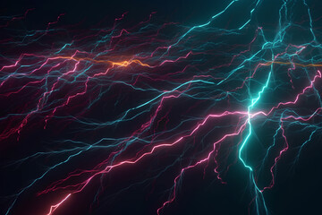 Flashes of neon lightning on black. Abstract background