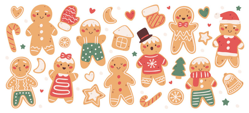 Gingerbread man cookies Christmas sweet dessert pastry, new year holidays treats isolated set