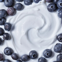 Macro texture shot of yoghurt or heavy cream with blueberries