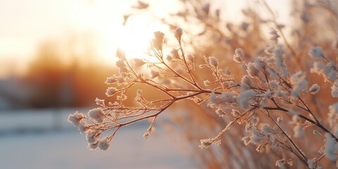 Winter season outdoors landscape, frozen plants in nature covered with ice and snow, under the morning sun. Seasonal background for Christmas wishes and greeting card