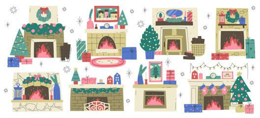 Christmas fireplaces home interior with decoration and ornament isolated set vector illustration