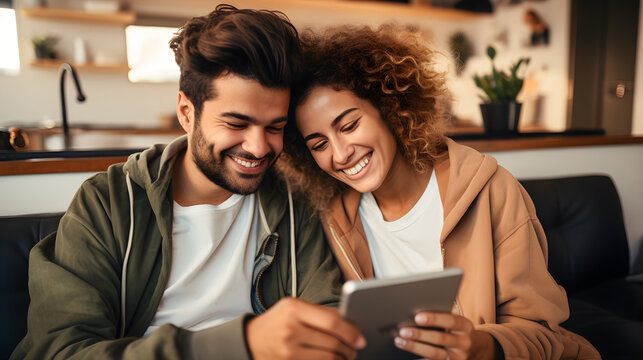 Happy young multiracial couple relaxing on the sofa at home using a tablet.
