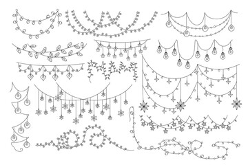 Christmas and New Year or other holidays garland lights outline hand drawn set vector illustration - obrazy, fototapety, plakaty