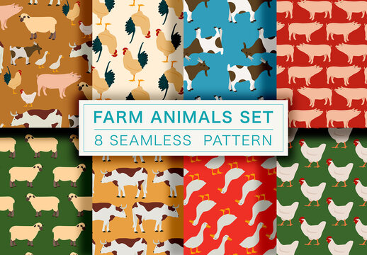 Mockup of 8 customizable repeatable patterns, farm animals